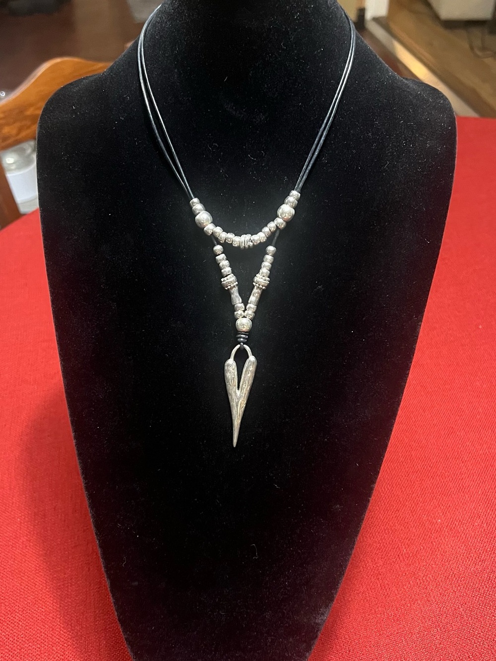 Silver Heart Pendant Layered Black Cord Necklace